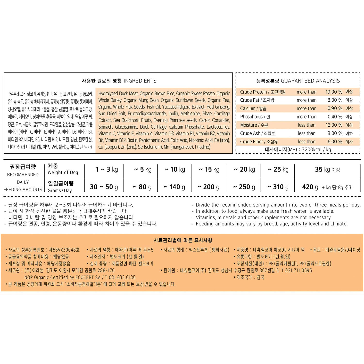 네츄럴코어 사료 에코 9a 시니어 오리&고구마 6kg